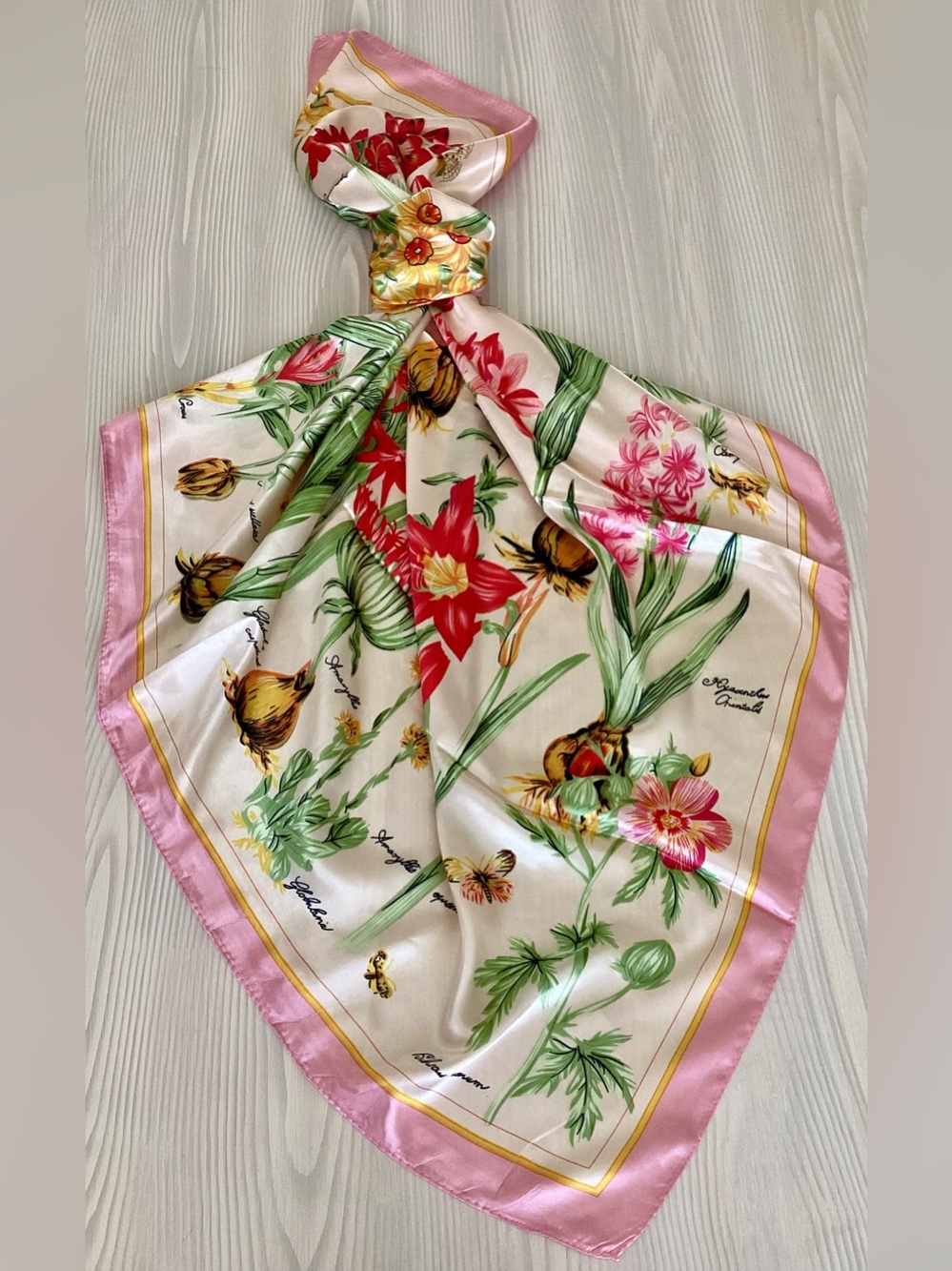Vintage Silk Scarf 33” Hand Rolled Botanical Floral Pink Cream